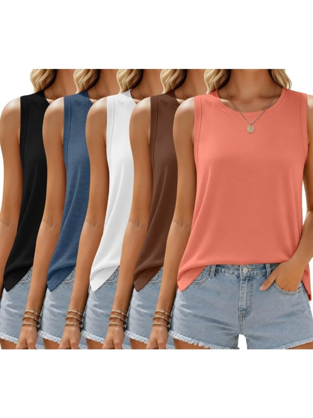 5 Pack Women's Sleeveless Tank Tops - Crew Neck, Loose Fit Summer Shirts